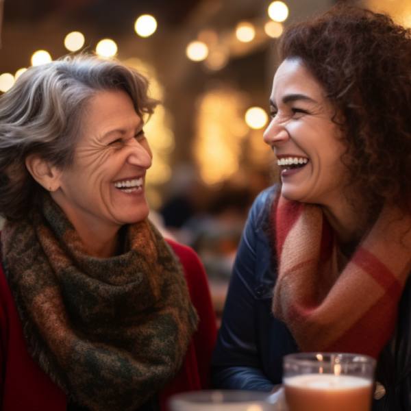 Women sharing a joyful moment in a café as part of companionship support
